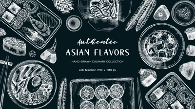 Asian food background. Japanese cuisine chalkboard design. Hand-drawn vector illustrations in engraved style. NOT AI generated